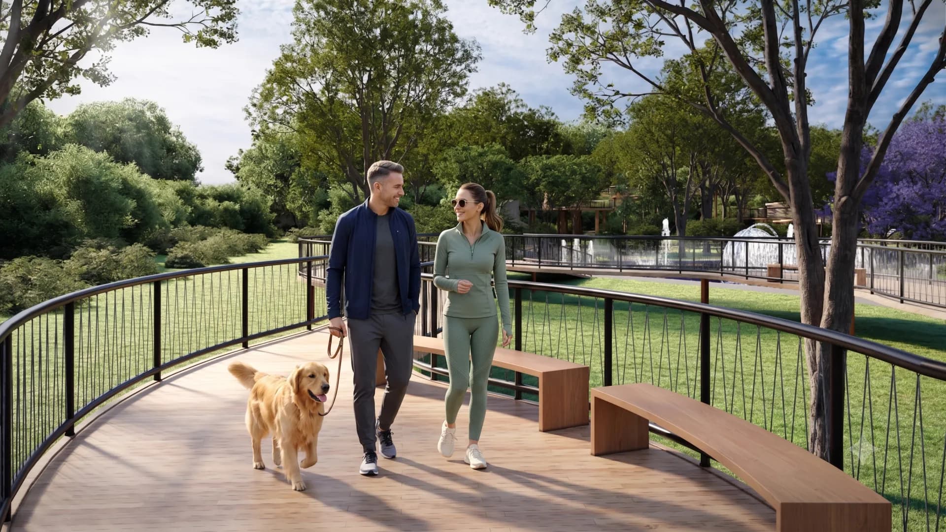 Casal caminhando com o cachorro no BOSC